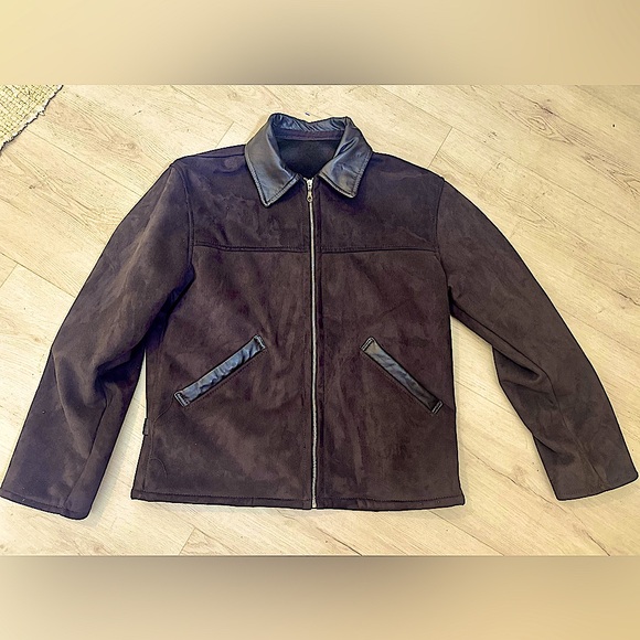 A. COLLEZIONI Italian Shearling Suede & Leather Trim Jacket Coat Size Medium